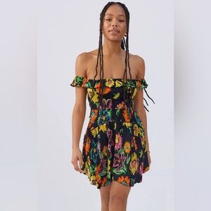 Urban Outfitters Aubrey Off The Shoulder Mini Black Bright Floral Dress Sz Small